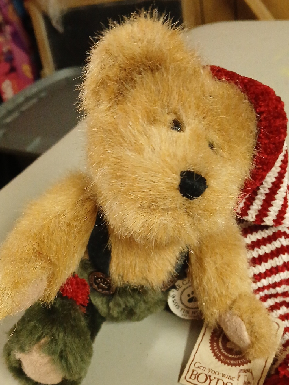 Boyds Bears Tan Plush Bear with Red and Green Holiday Outfit